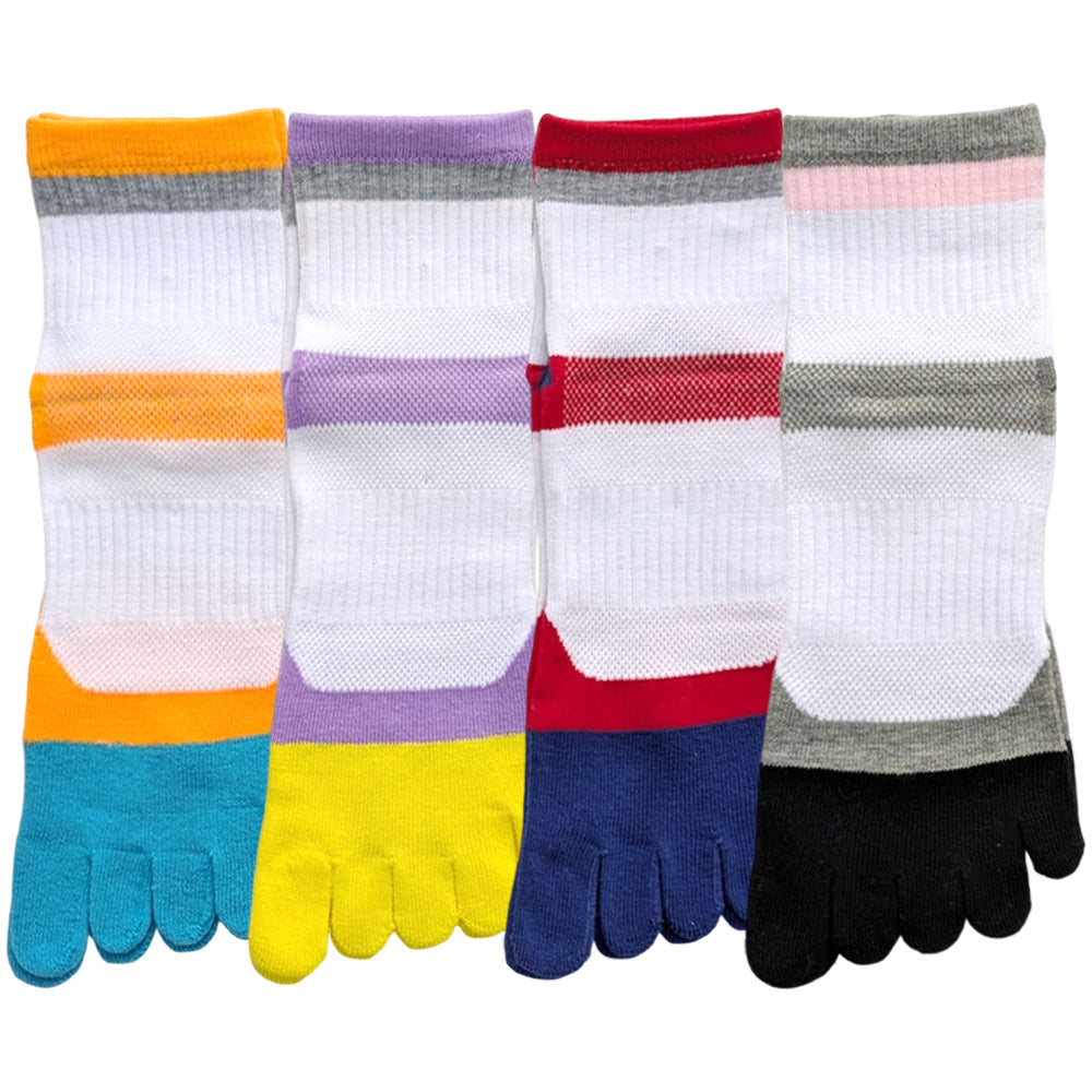 靴下 レディース 5本指 4足セット Ｗサポート付き 白ﾍﾞｰｽ スポーツ かわいい おしゃれ 運動