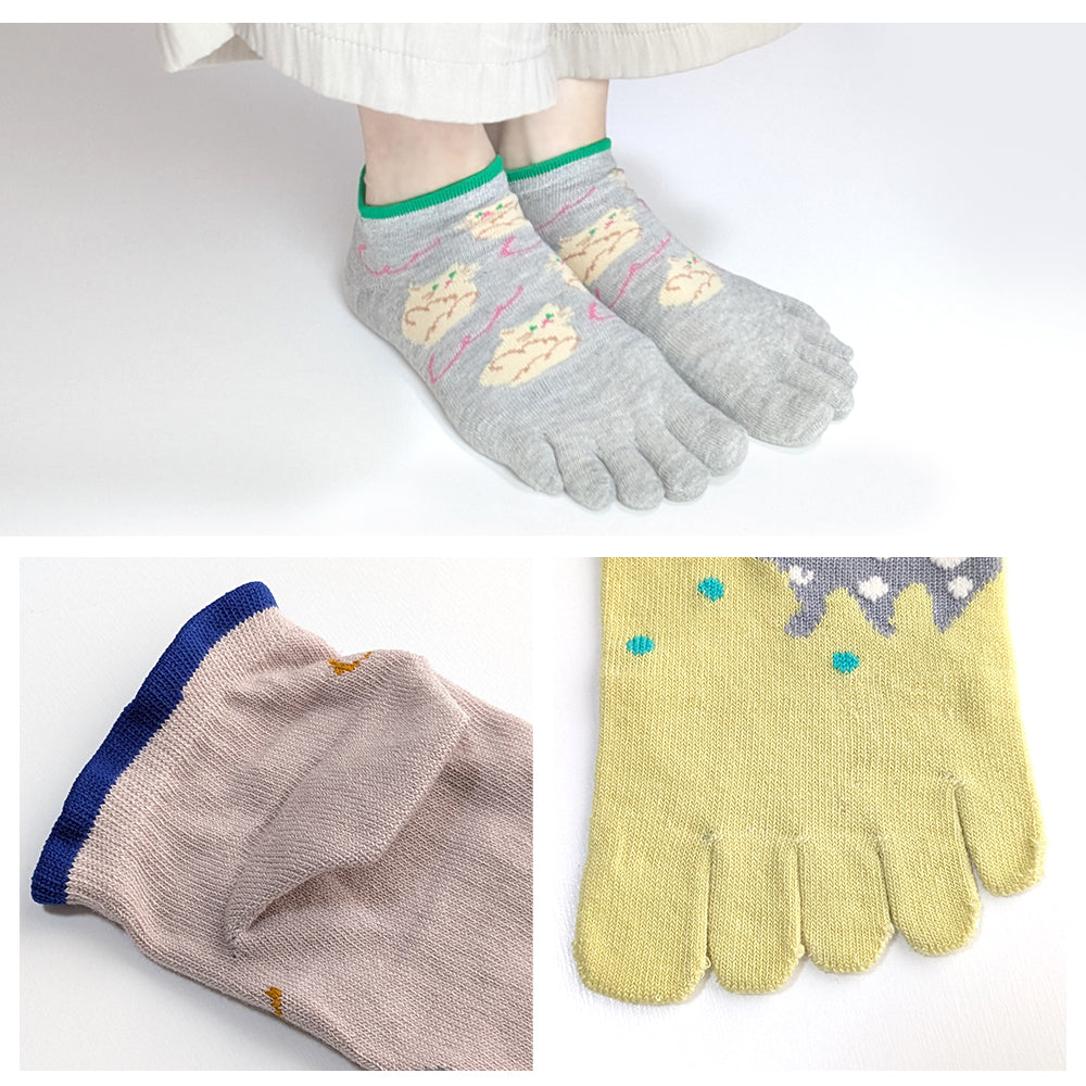 5本指ソックス レディース 6足セット 猫柄 かわいい 靴下 くるぶし丈 綿混 蒸れにくい 通気性 カジュアル アニマル柄 おしゃれ 23-25cm