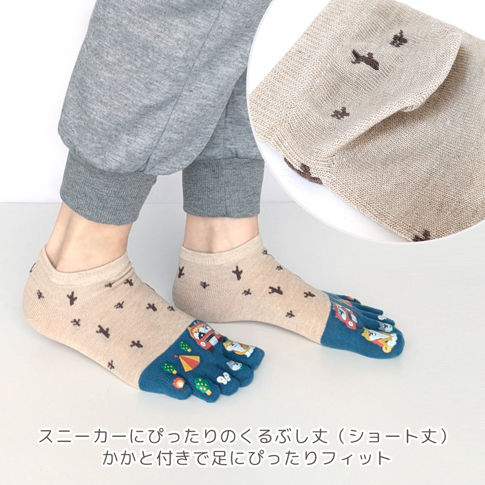 5本指ソックス 6足セット 可愛いプリントデザイン くるぶし丈 / 靴下 レディース 五本指 ショート丈 ソックス 5本指靴下 23-25cm ネコ 猫 犬 イヌ クマ