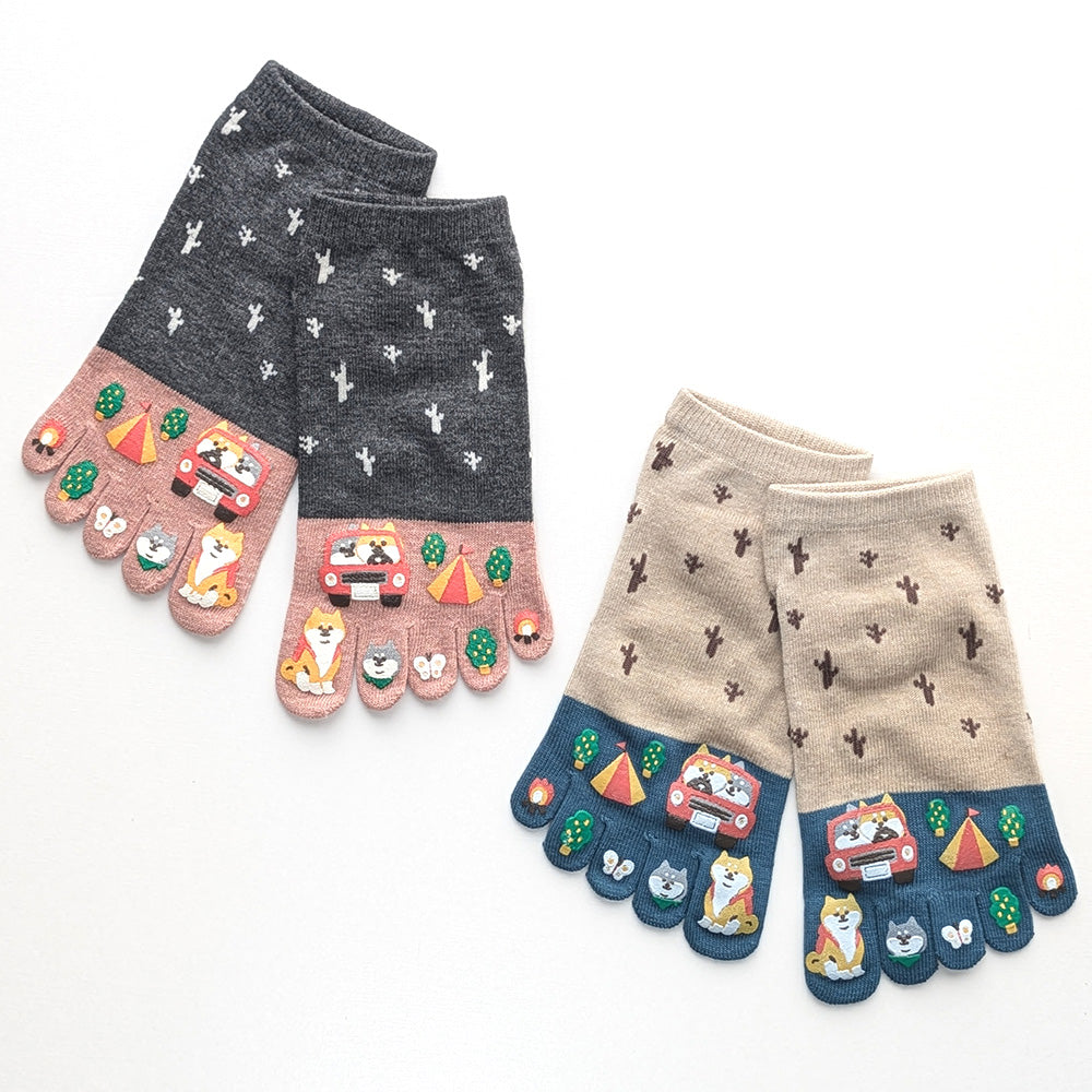 5本指ソックス 6足セット 可愛いプリントデザイン くるぶし丈 / 靴下 レディース 五本指 ショート丈 ソックス 5本指靴下 23-25cm ネコ 猫 犬 イヌ クマ