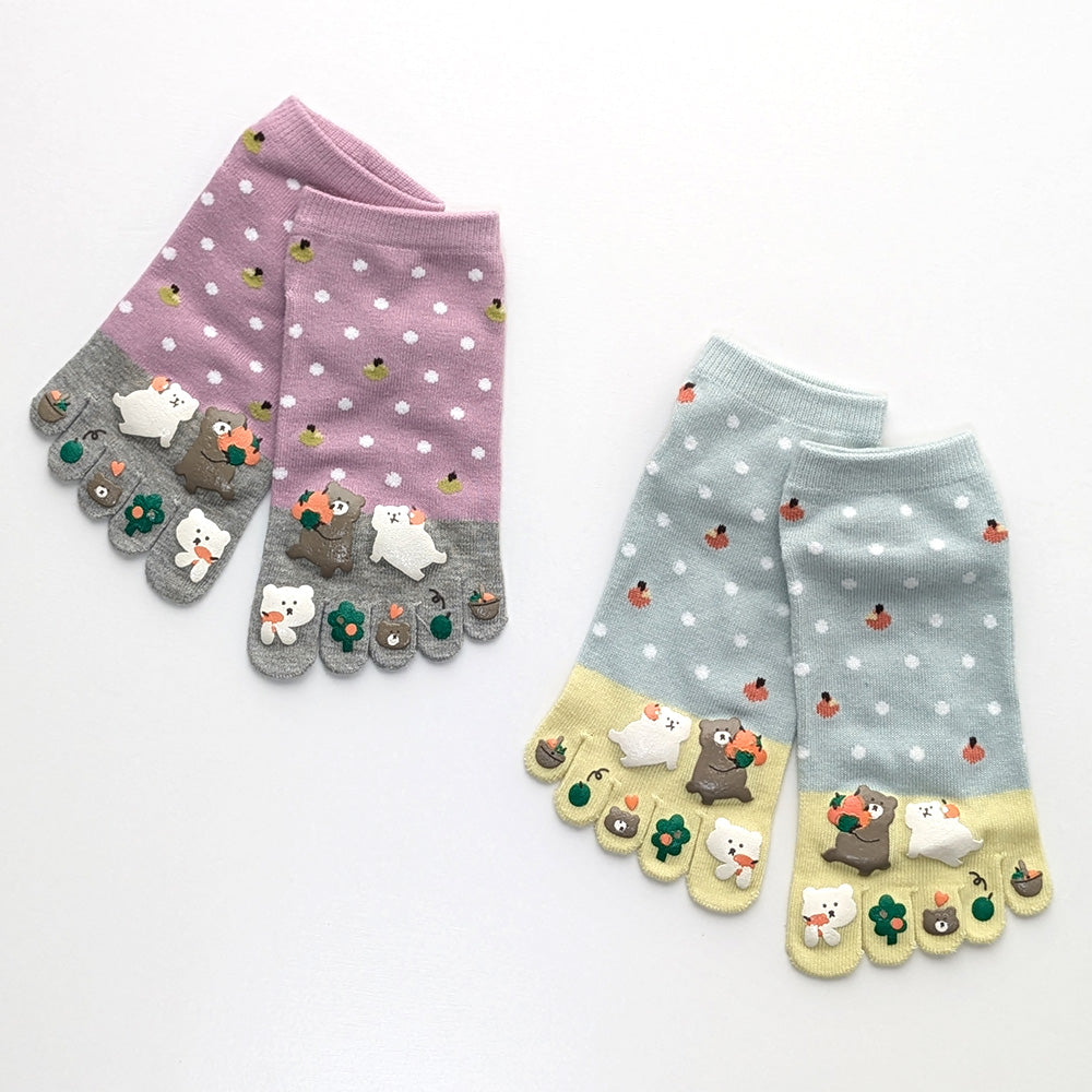5本指ソックス 6足セット 可愛いプリントデザイン くるぶし丈 / 靴下 レディース 五本指 ショート丈 ソックス 5本指靴下 23-25cm ネコ 猫 犬 イヌ クマ