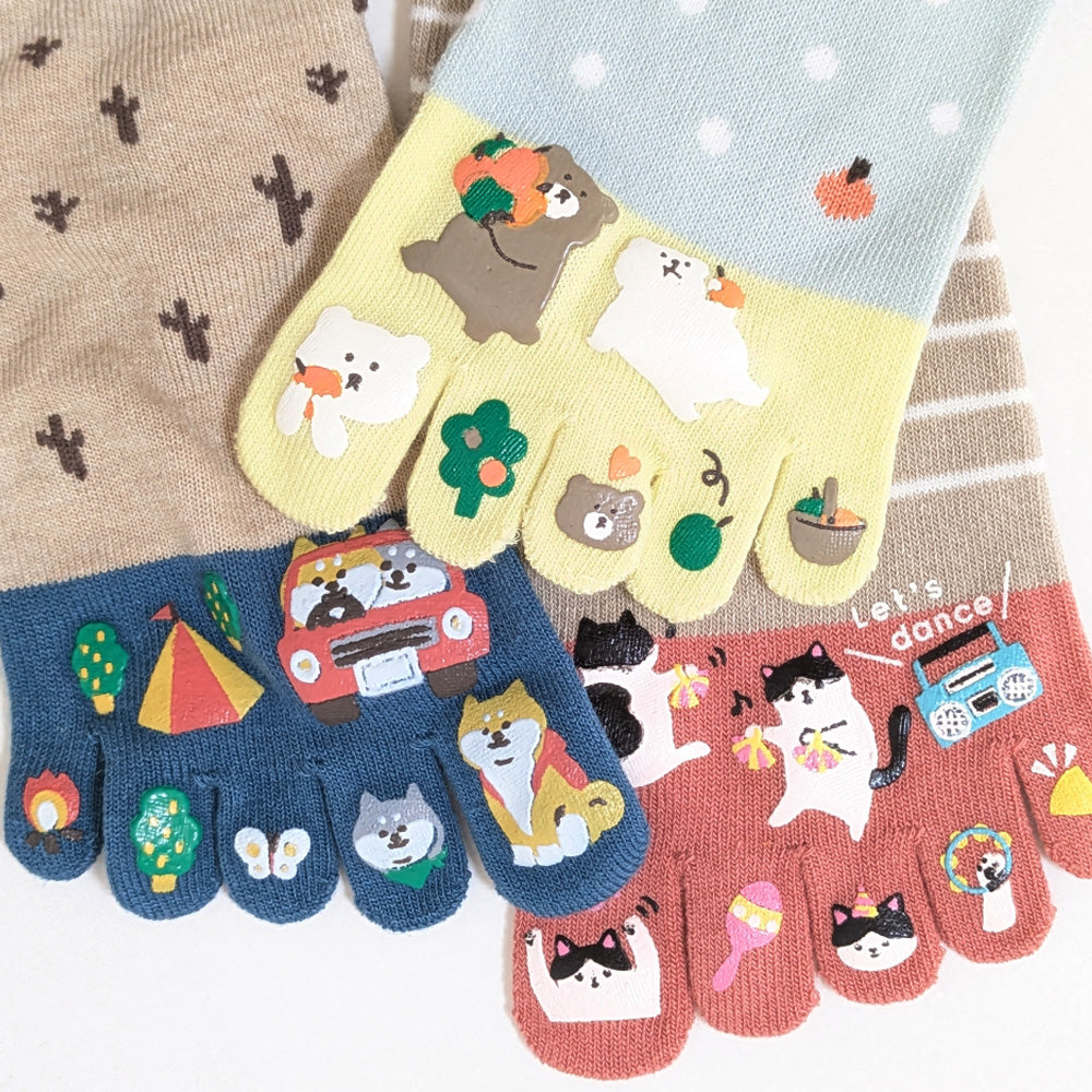 5本指ソックス 6足セット 可愛いプリントデザイン くるぶし丈 / 靴下 レディース 五本指 ショート丈 ソックス 5本指靴下 23-25cm ネコ 猫 犬 イヌ クマ
